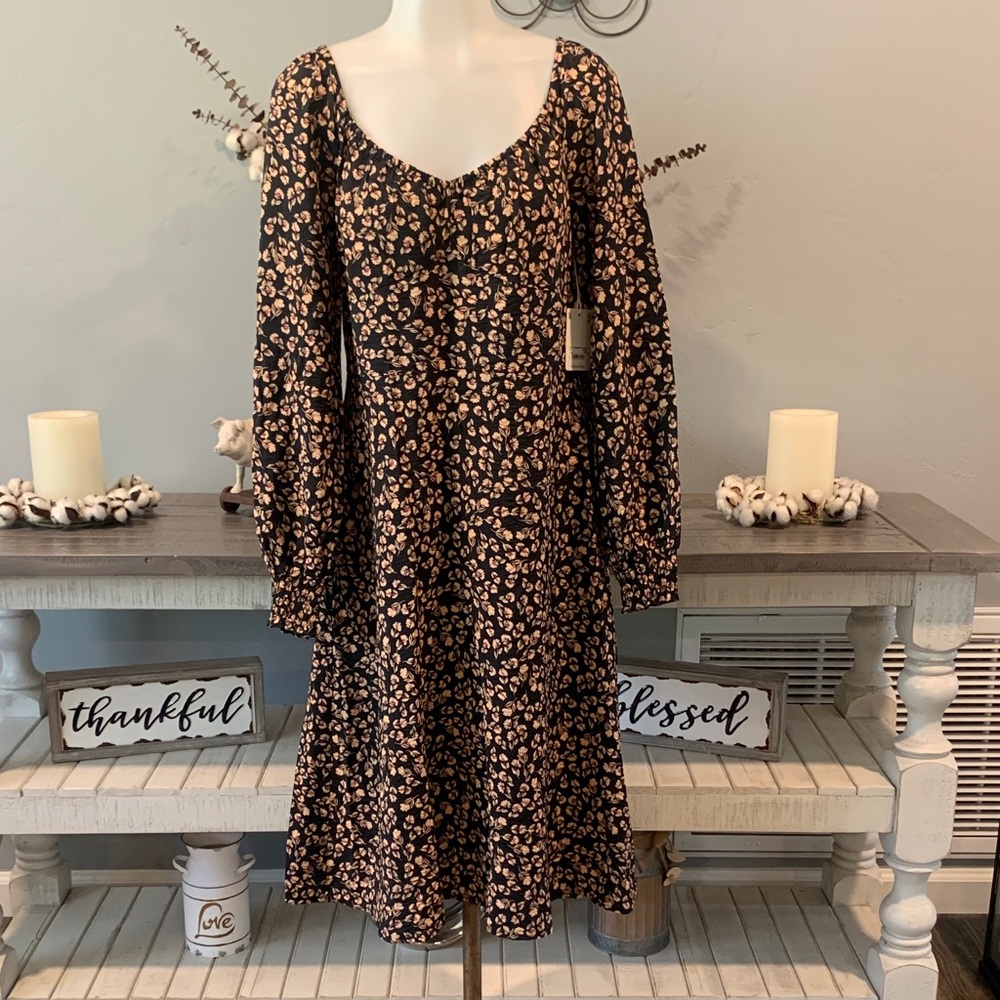 a.n.a Black Floral Long-Sleeve Midi Dress with Tan Print